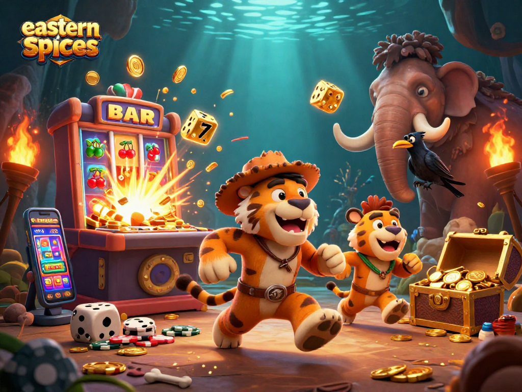 Spin and win with easternspices at the vibrant prehistoric casino featuring playful characters and jackpots.