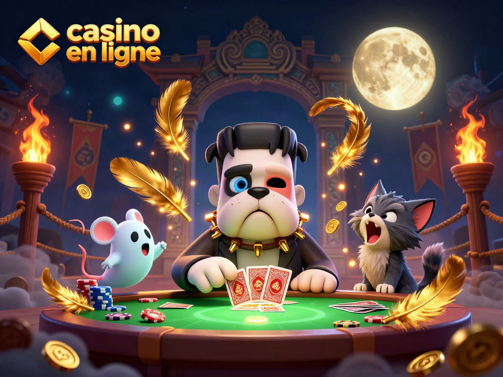 Jouer au casino en ligne avec un bulldog Frankenstein et un chat-garou dans une scène animée.