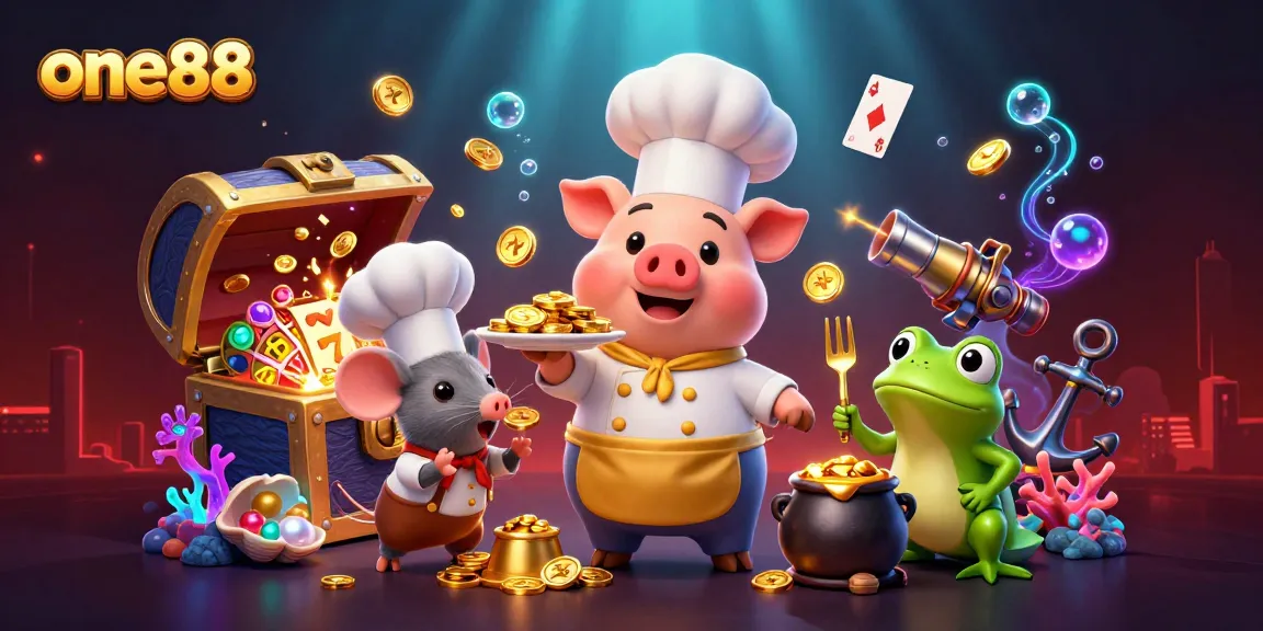 Experience the thrilling jackpot excitement at one88 with cartoon characters serving gold coins, showcasing fun gambling elements.