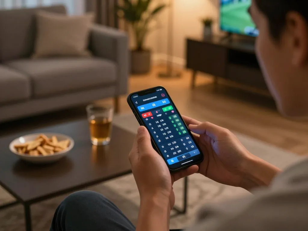 Engaging in sports betting with 789winn using smartphone in a cozy living room.