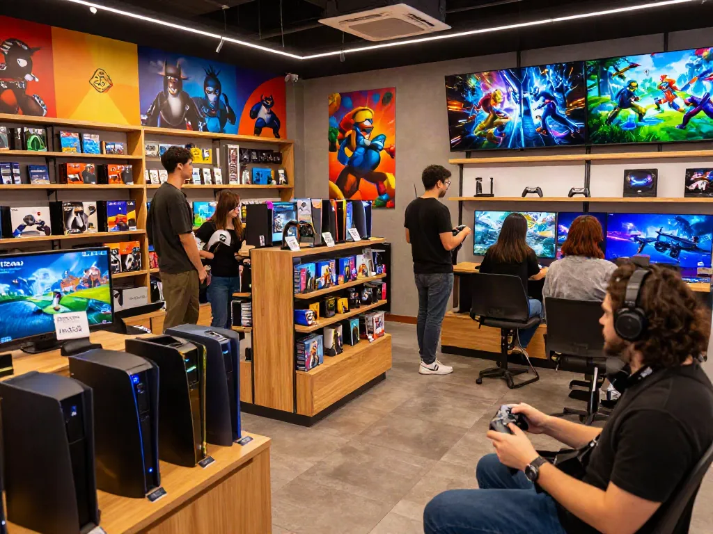 Vibrant store scene showcasing rokok88 link with gamers exploring the latest titles and accessories.
