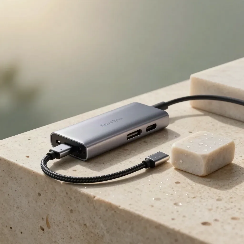 USB-C hub, SSD enclosure, braided cables and stone block in soft rain-lit studio still life.