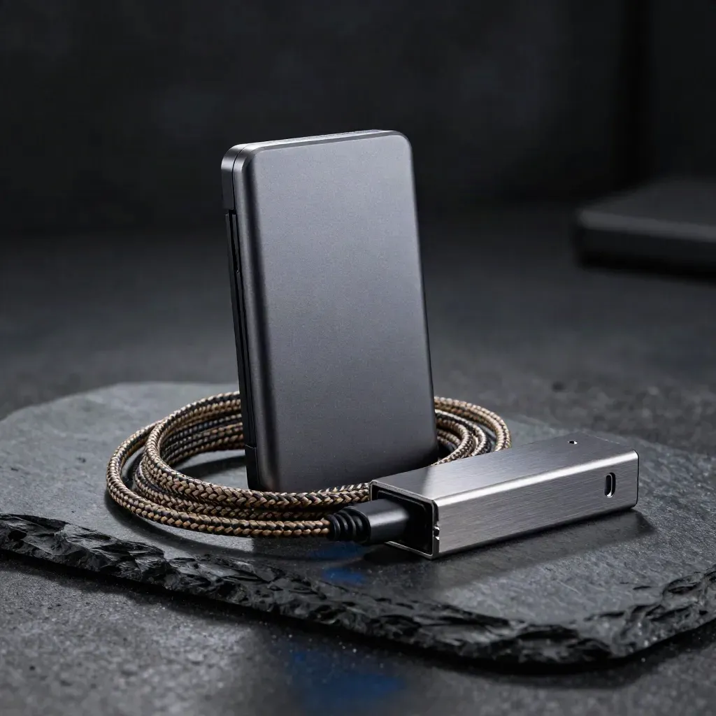 Portable SSD, braided cable and docking brick on dark stone in dramatic studio light.