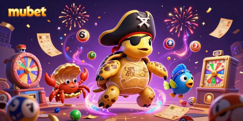 Experience vibrant gambling action with mubet's colorful casino-themed illustration featuring characters and dynamic lottery elements.
