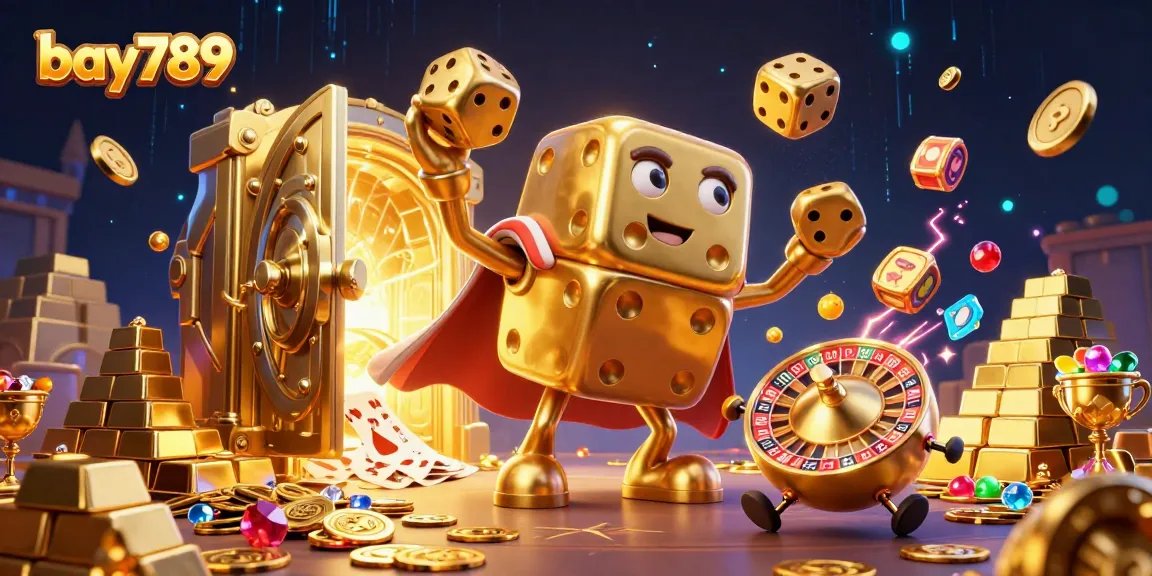 Experience the excitement of bay789 with a vibrant gaming scene featuring golden treasures and playful characters.