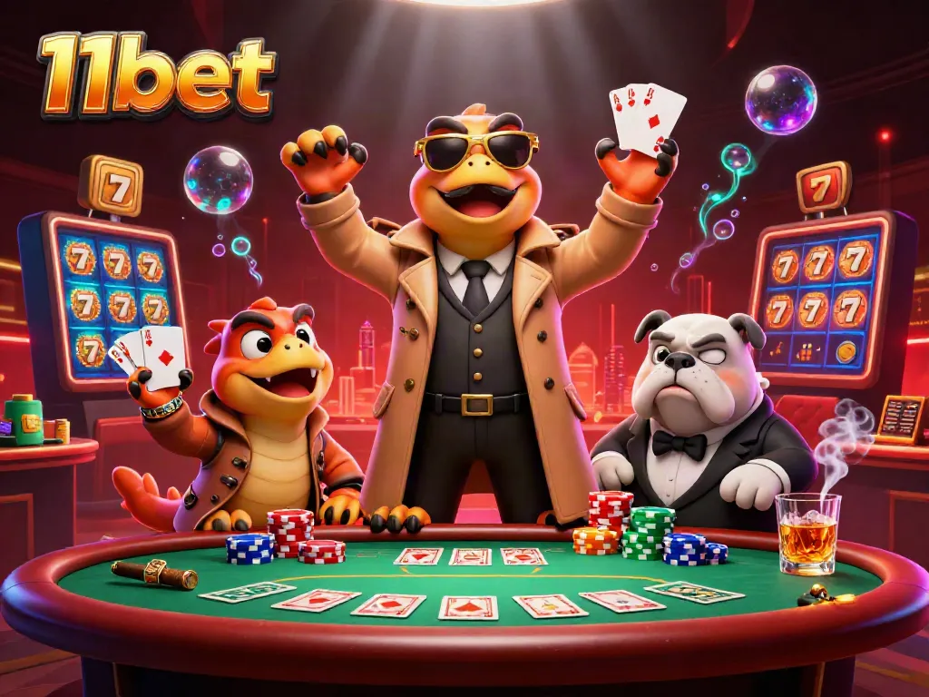 Engaging 3D scene showcasing 11bet casino fun with raptors, poker elements, and vibrant aesthetics.