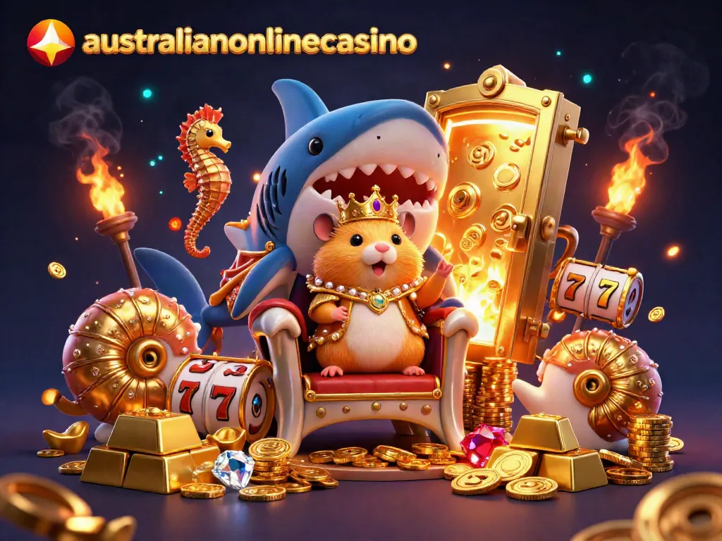Experience the vibrant world of australianonlinecasino with a golden hamster king on a treasure throne.