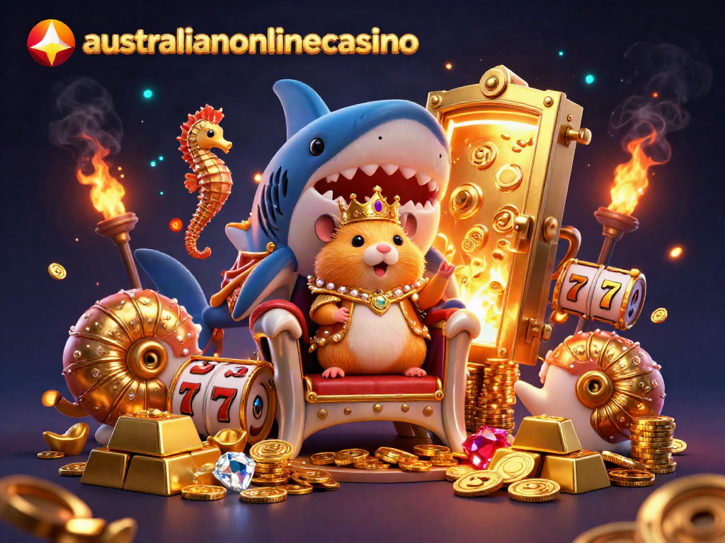 Experience the vibrant world of australianonlinecasino with a golden hamster king on a treasure throne.