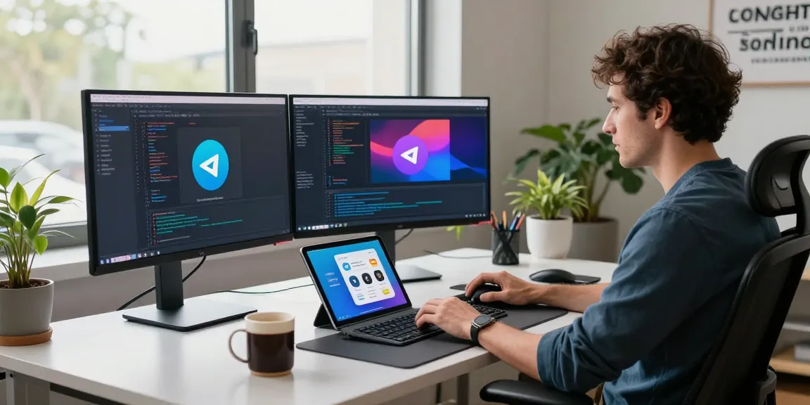Enhance your experience with Telegram Download in a modern workspace featuring coding and technology.