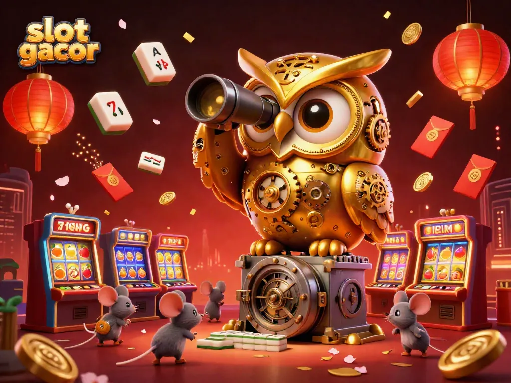 Engage in vibrant gaming experiences at slot gacor with a whimsical owl overseeing scurrying mice in a dynamic casino scene.
