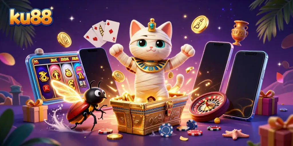 Engage with exciting ku88 casino games as Egyptian characters animate a vibrant gaming scene.