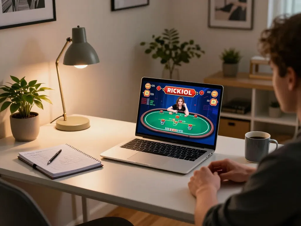 Engaged player enjoying gamebaidoithuong8 on a laptop in a stylish home office, showcasing strategic gameplay.