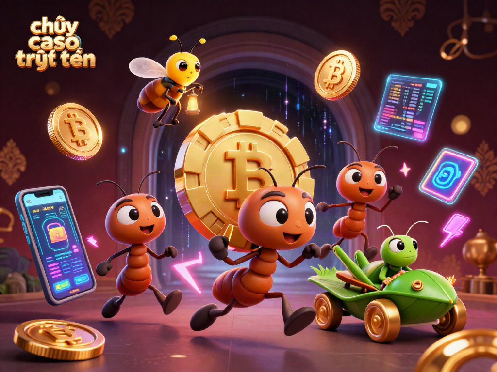 Chơi casino trực tuyến hấp dẫn với hình ảnh đội kiến mang chip poker vàng lớn.