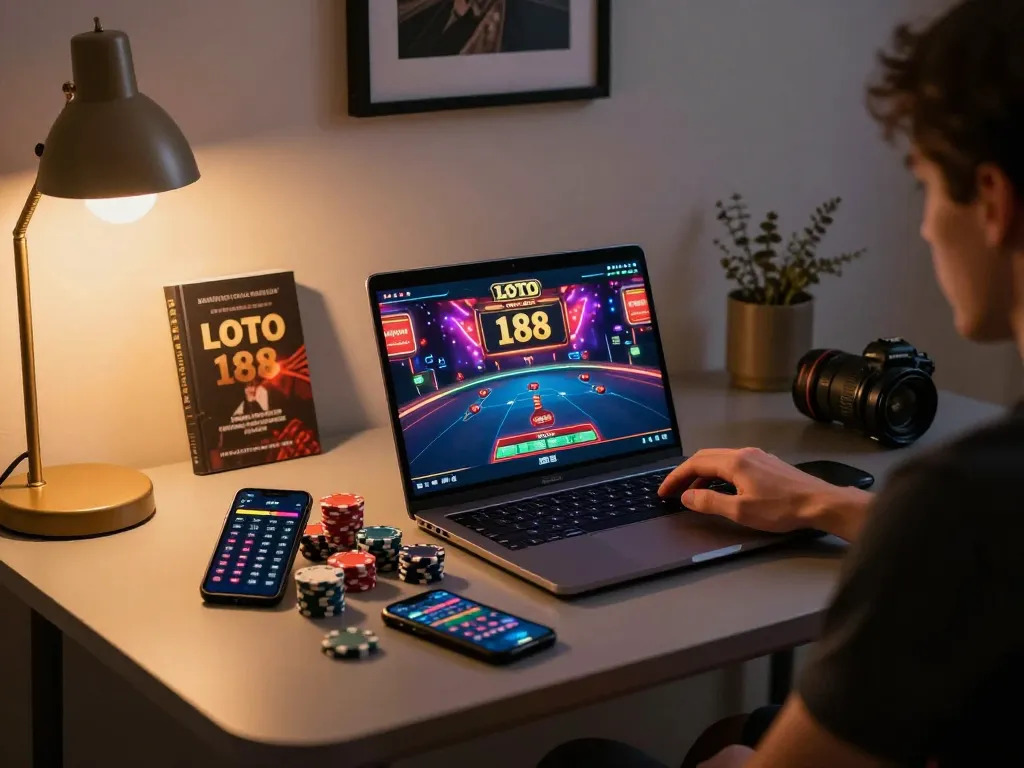 Engaging scene of a person playing LOTO 188 online, showcasing responsible gaming with a stylish home setup and betting options.
