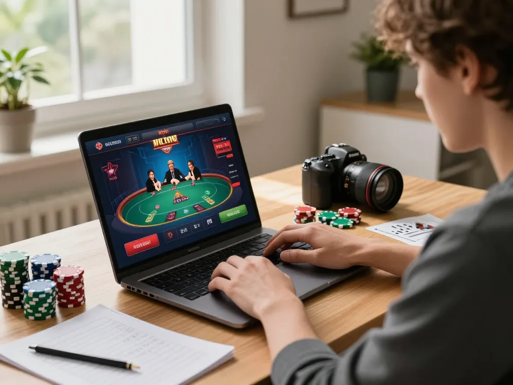 33win platform showcasing online poker strategy and gameplay at home with detailed chips and notes