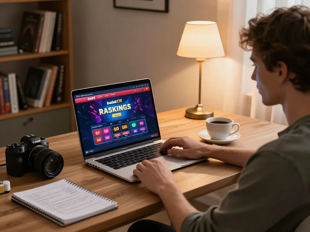 Engaging scene of a person playing badak178 online casino at home, highlighting strategic gaming choices and comfort.