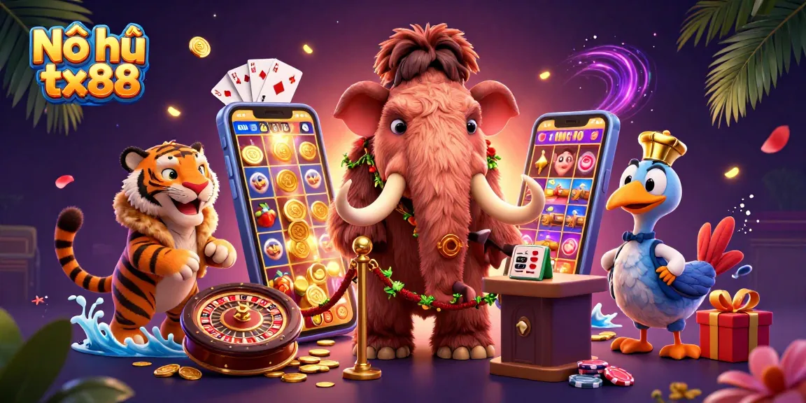 Nổ hũ tx88 delivers thrilling jackpot spins at a vibrant casino with engaging characters.