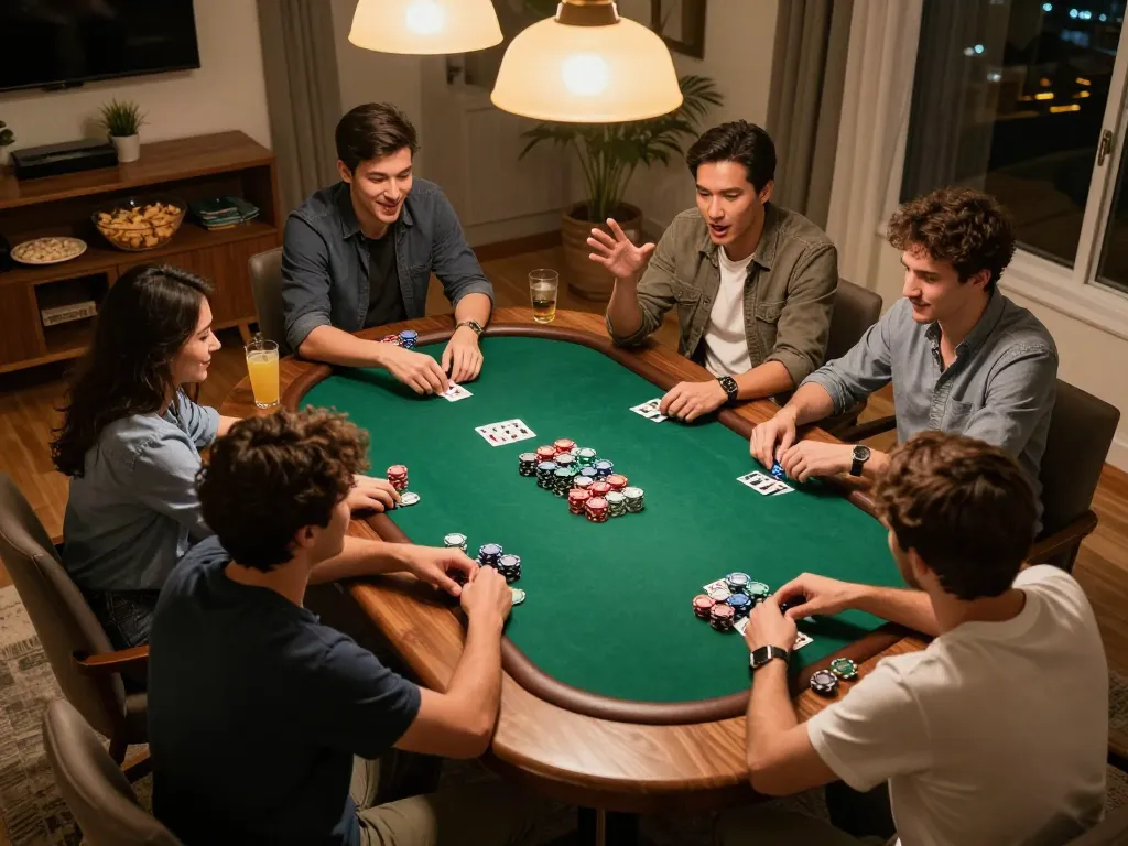 Players engaging in a thrilling poker game at home, showcasing 8kbet themed competition and strategy.
