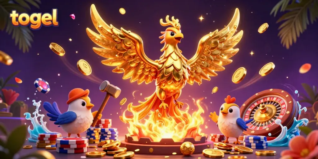 Experience the thrill of togel with gold coins, vibrant poker chips, and a golden phoenix in this immersive casino scene.