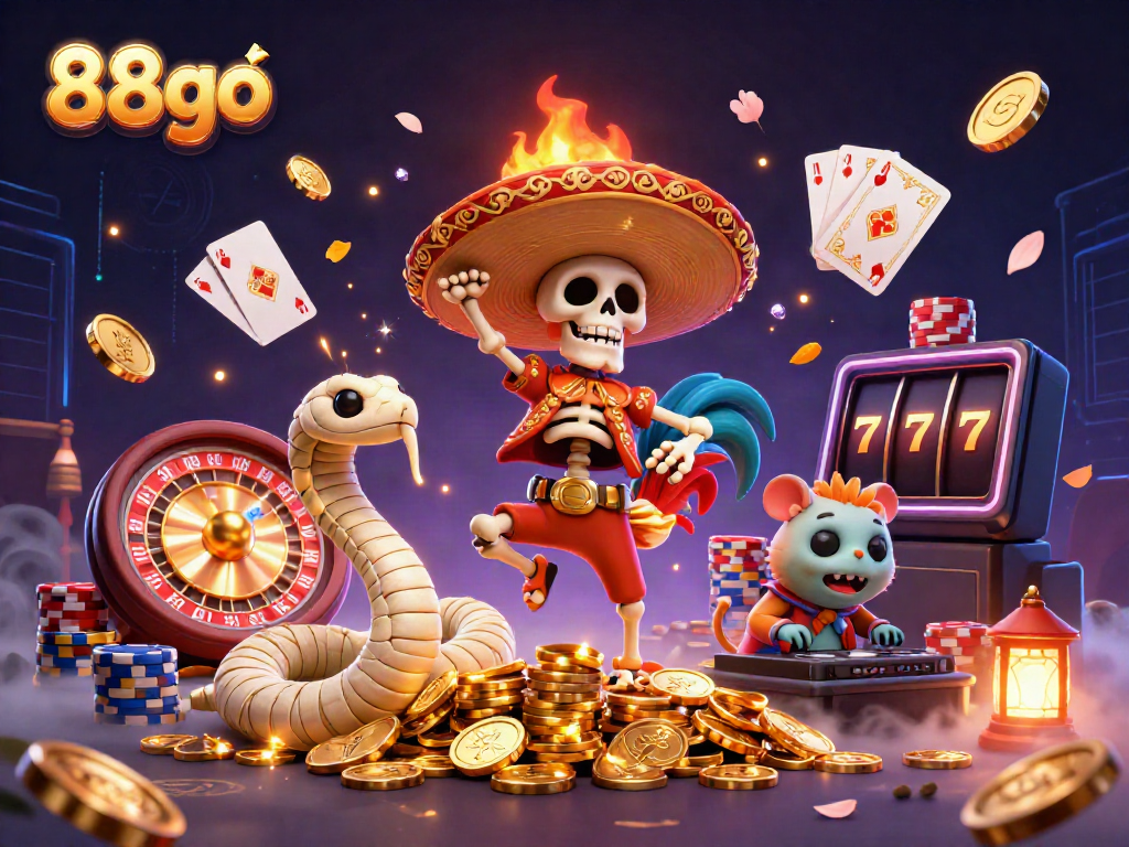 Experience gaming excitement with 88go, featuring vibrant characters and casino elements.