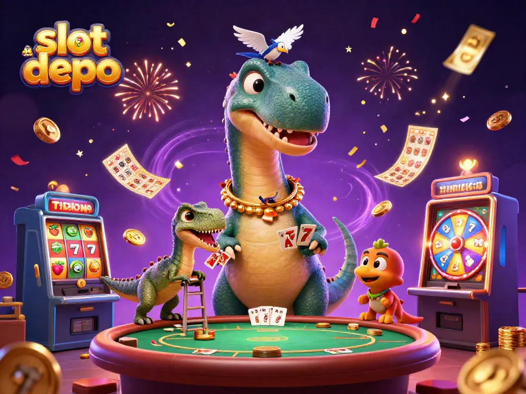 Engage with slot depo kecil in a vibrant 3D casino scene featuring dynamic elements and cartoon characters.