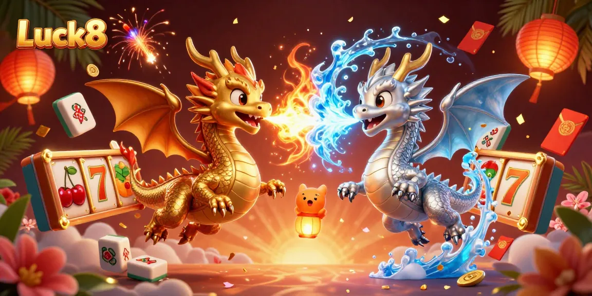 Experience the thrill of Luck8 with 3D dragons, slot reels, and festive elements in a vibrant casino scene.