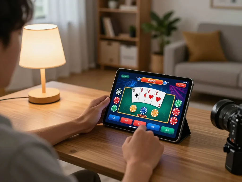 SUN WIN player enjoying online gaming on a tablet with vibrant casino app interface visible.
