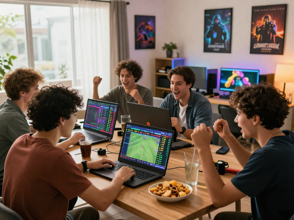Exciting gaming atmosphere at http://oxbet-app.com, friends engaging in online sports betting with vibrant screens and snacks.