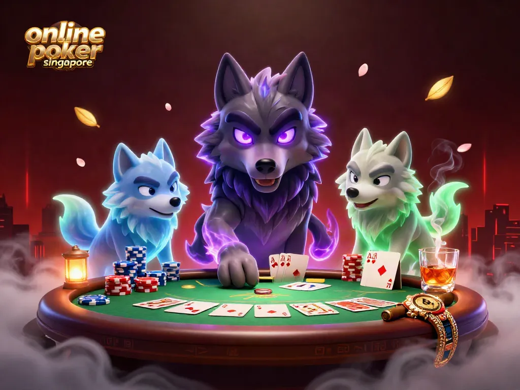 Experience online poker Singapore with a mystical scene featuring glowing wolf characters and vibrant poker elements.
