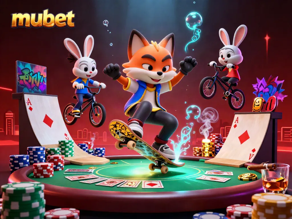 Engage with the thrilling mubet scene featuring a skateboarder fox and BMX rabbit in a vibrant casino.
