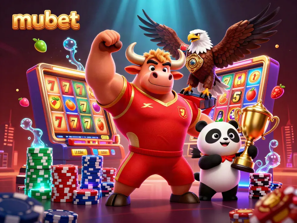 Experience the excitement of mubet with a victorious bull mascot, eagle, and panda in a vibrant casino scene.