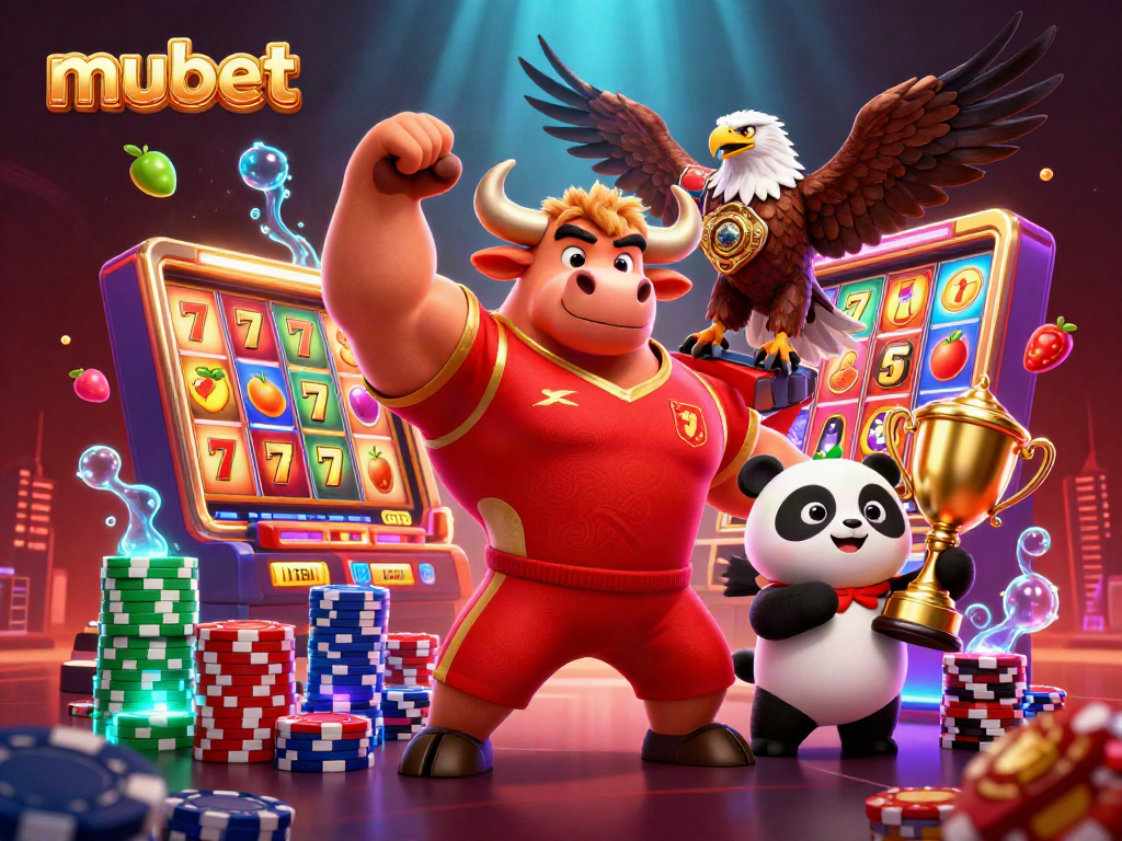 Experience the excitement of mubet with a victorious bull mascot, eagle, and panda in a vibrant casino scene.