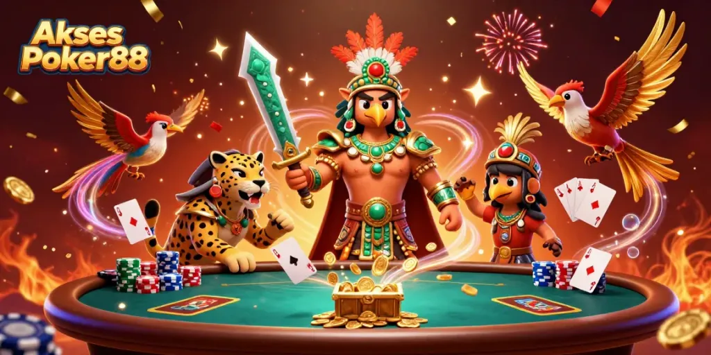 Engage with Akses Poker88 in a vibrant poker game atmosphere featuring dynamic characters and bright poker elements.