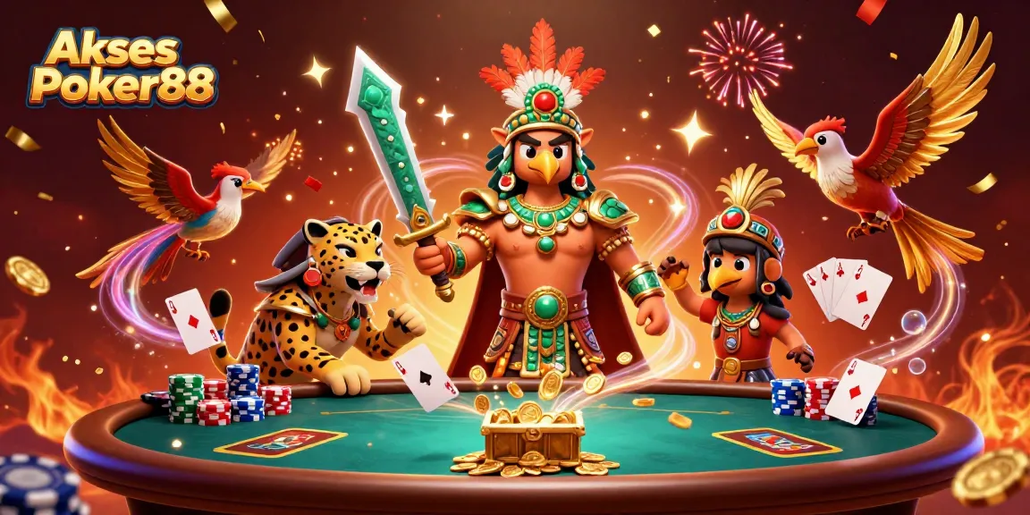 Engage with Akses Poker88 in a vibrant poker game atmosphere featuring dynamic characters and bright poker elements.