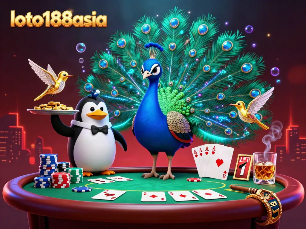 Experience loto188asia's vibrant casino scene featuring a majestic peacock and playful characters themed around poker games.