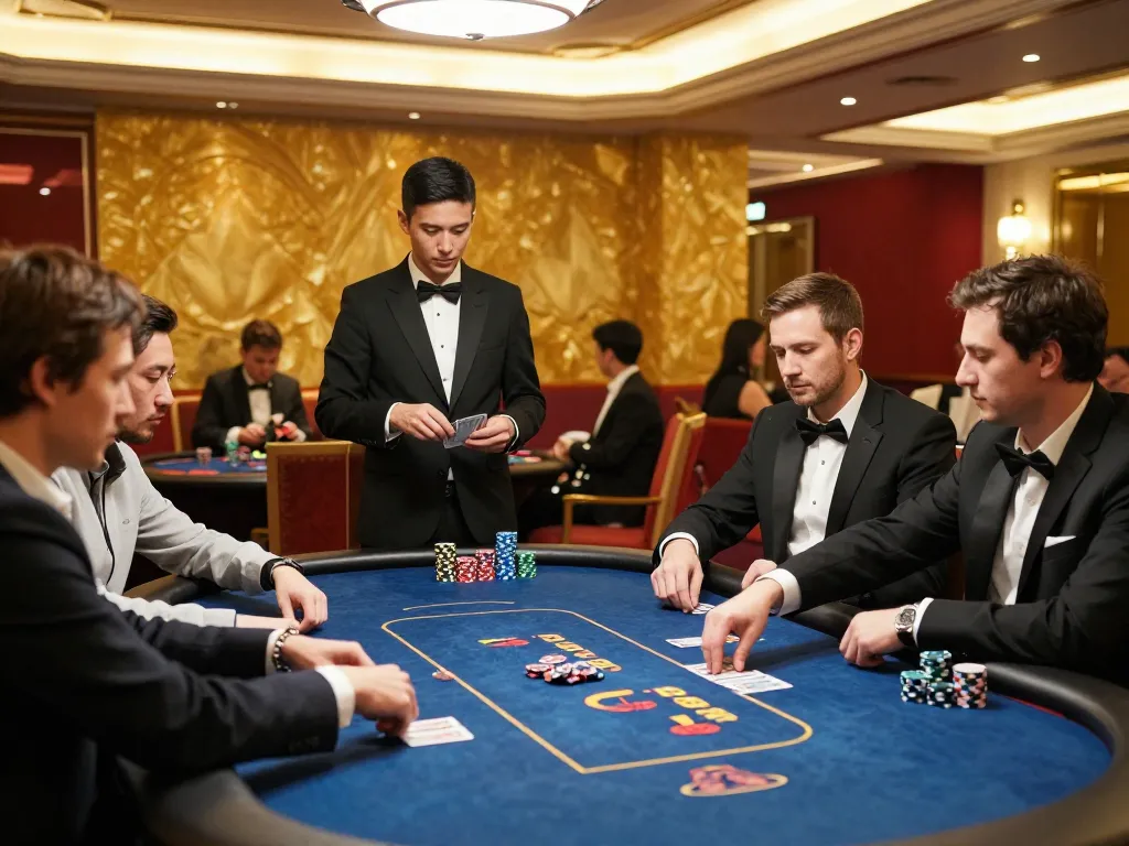 Experience thrilling poker gameplay at SC88’s upscale casino, players engaged and focused, warm ambiance