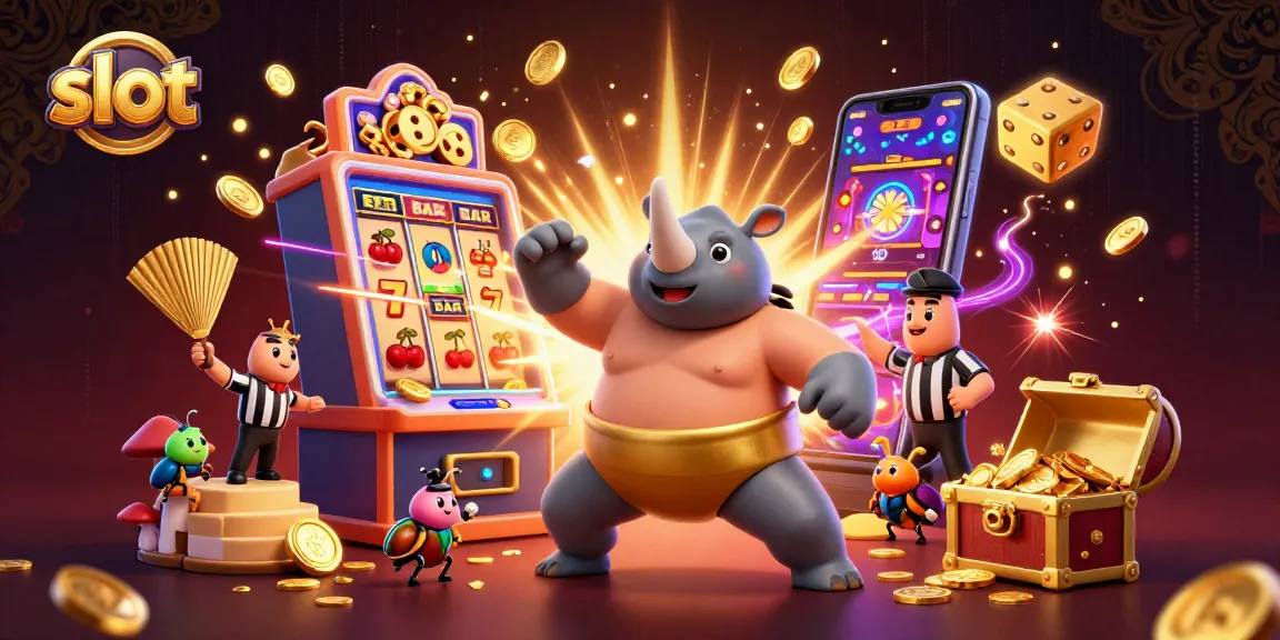 Immerse in exciting slot action with a rhinoceros beetle champion and jackpot excitement scattered with coins.