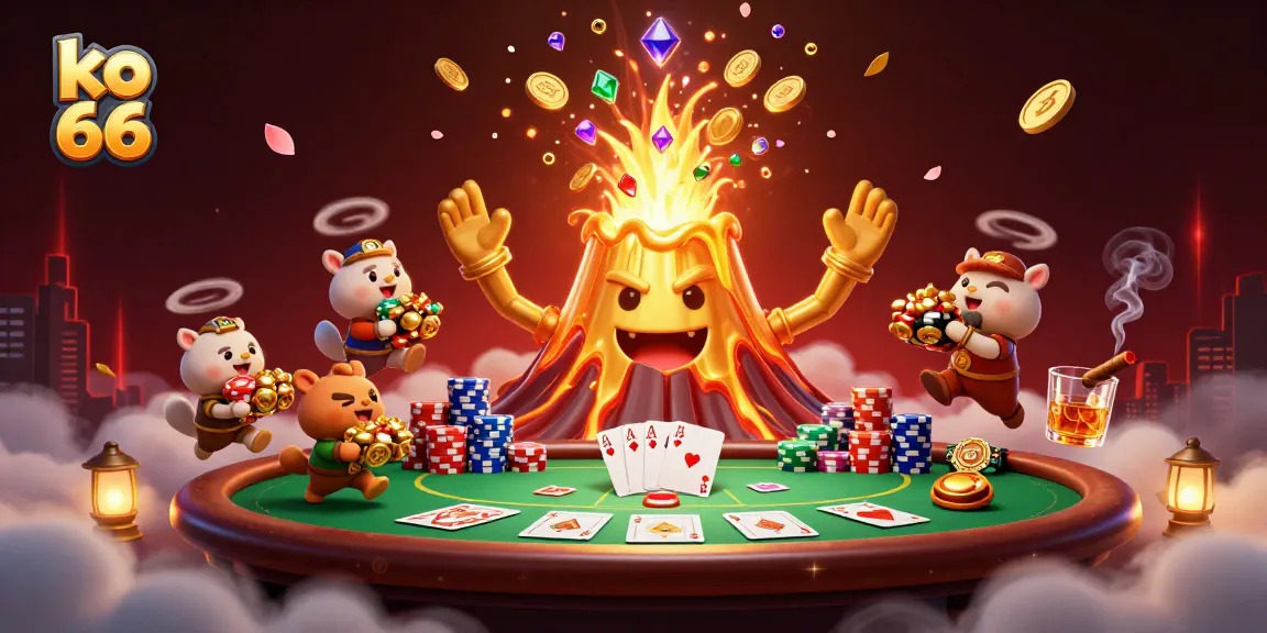 Experience the thrill of ko 66 with a vibrant 3D scene of a golden volcano erupting coins, revealing poker excitement.