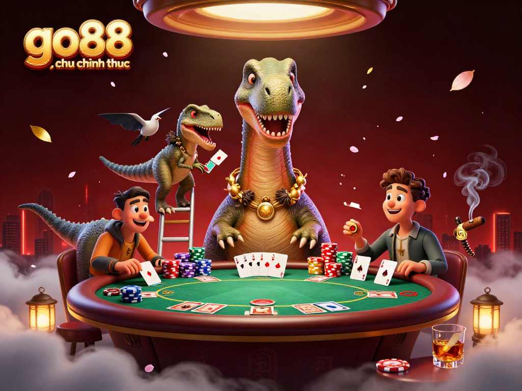 Engage with the vibrant scene of go88 trang chu chinh thuc featuring a playful dinosaur and dynamic poker action.