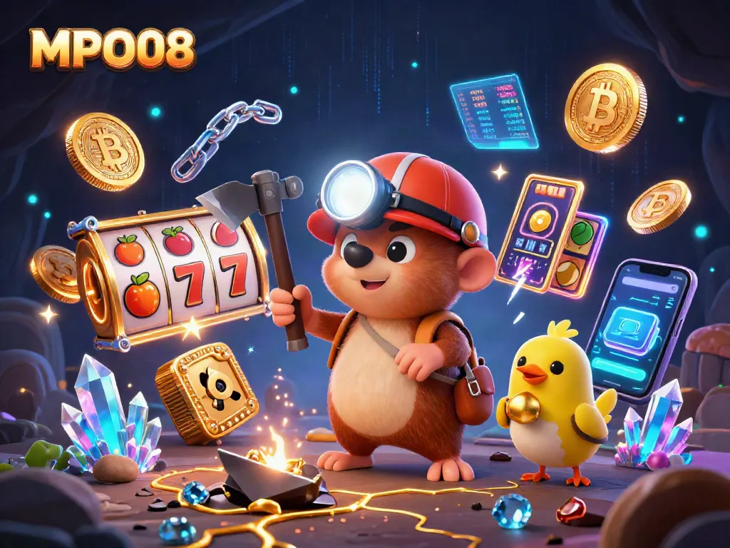 Experience the excitement of MPO08 with a dynamic scene of a treasure hunter mole amidst vibrant slot reels and crypto elements.