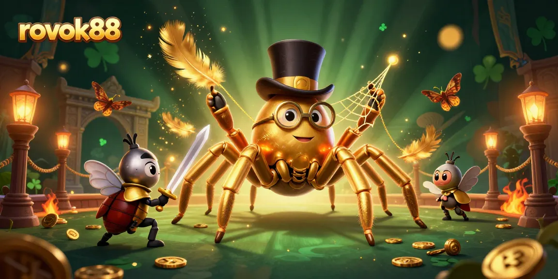 Engage with Rokok88's thrilling casino adventure featuring a dynamic golden tarantula and beetle knight.