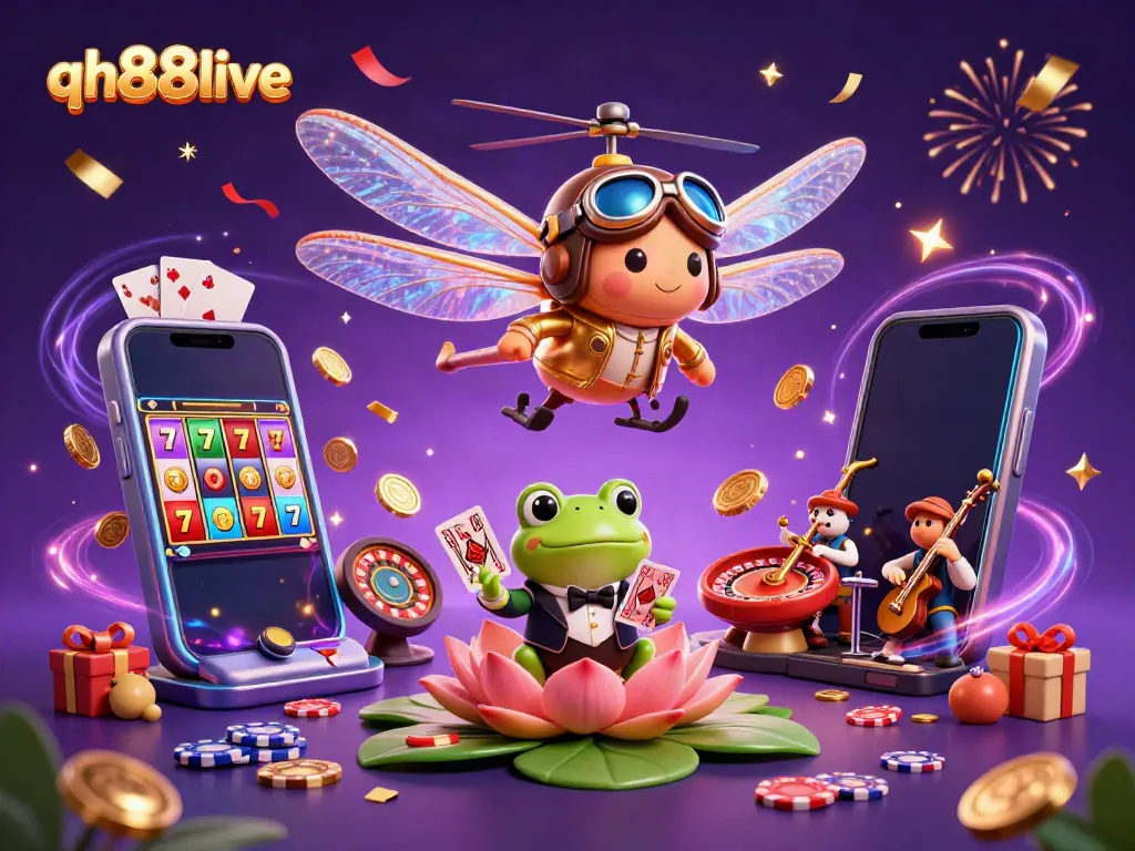 Engage in thrilling games at qh88live with vibrant casino characters, lively gameplay visuals, and dazzling effects.