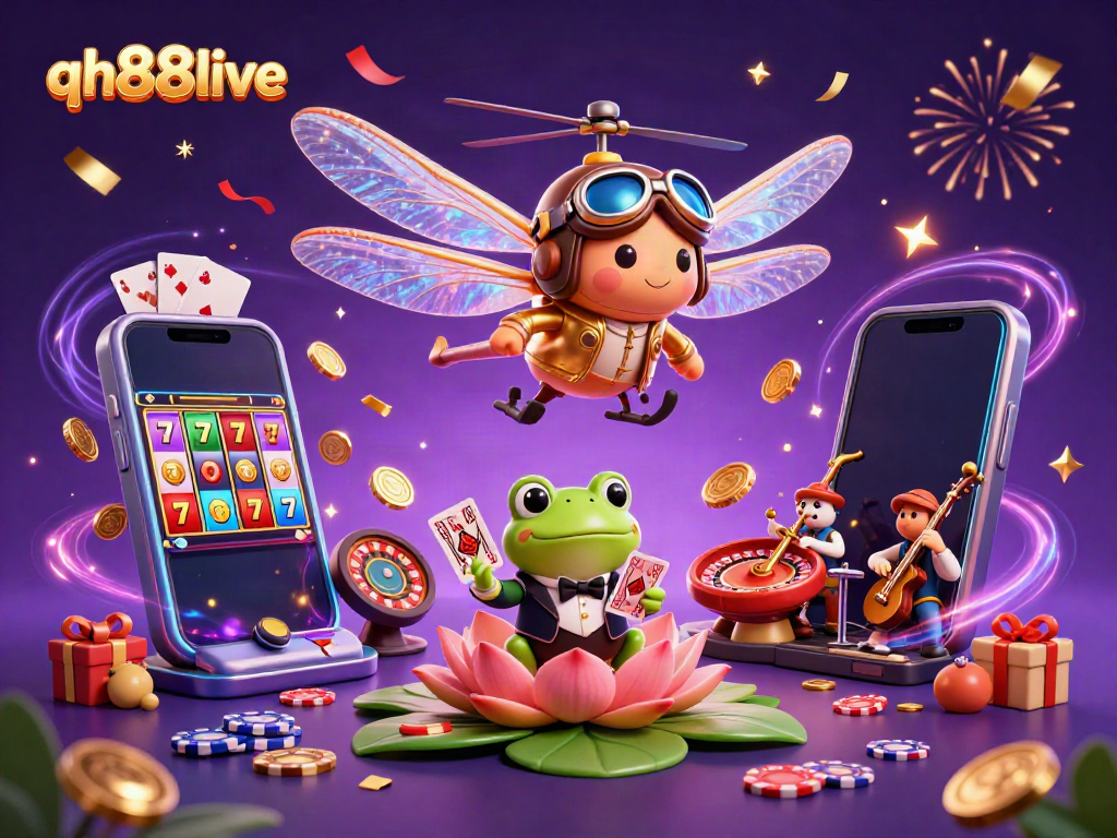 Engage in thrilling games at qh88live with vibrant casino characters, lively gameplay visuals, and dazzling effects.