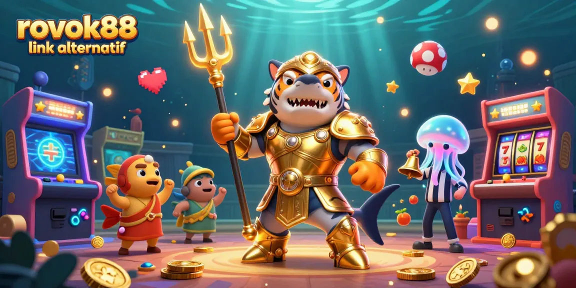 Engage with rokok88 link alternatif in this thrilling underwater casino scene filled with slot reels and arcade excitement.