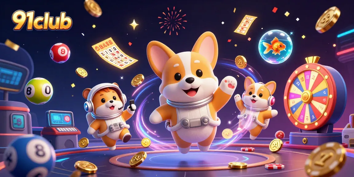 Engage with 91club's fun space station casino scene featuring an astronaut corgi and festive lottery elements.