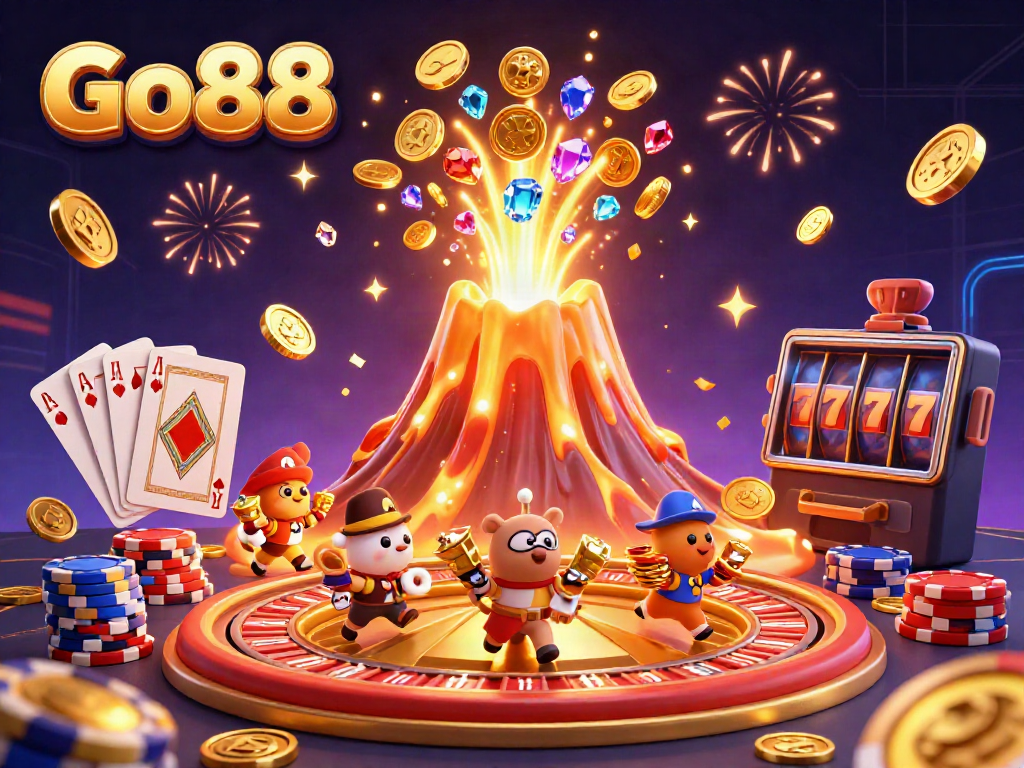 Experience the excitement of Go88 with a vibrant 3D illustration showcasing casino elements and treasure hunters.