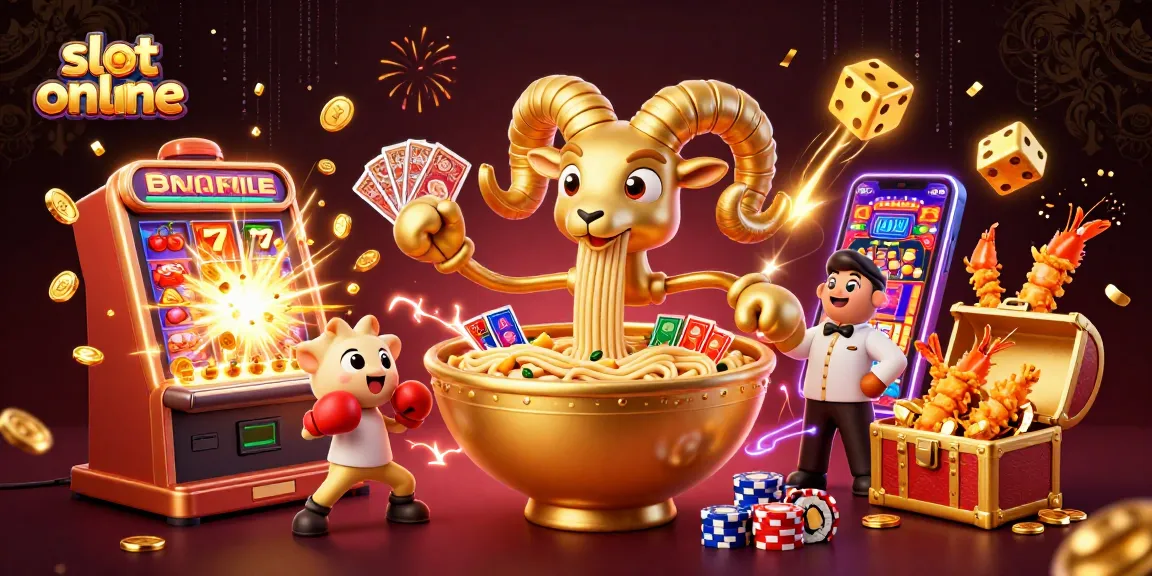 Experience thrilling slot online action with a giant ramen bowl dealer, dynamic slot visuals, and vibrant game elements.
