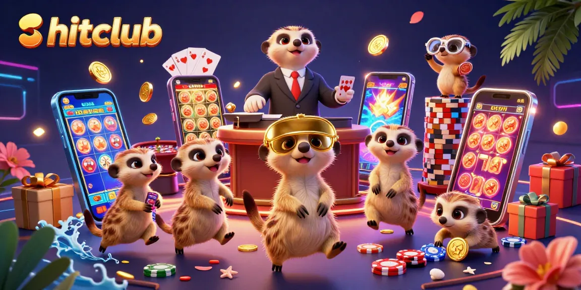 Hitclub offers engaging gameplay with a vibrant 3D meerkat casino scene, showcasing thrilling slot games.