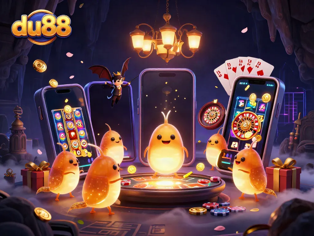 Experience the vibrant world of du88 as bioluminescent glowworms illuminate an exciting casino setting.