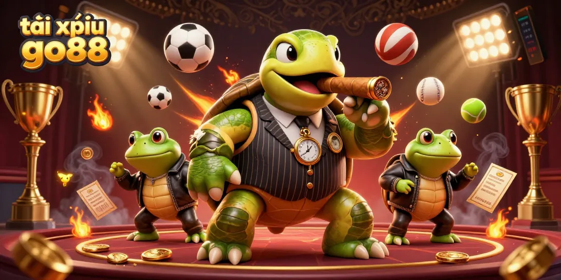Tài xỉu go88 showcases engaging casino excitement with animated tortoise and bullfrogs in action.